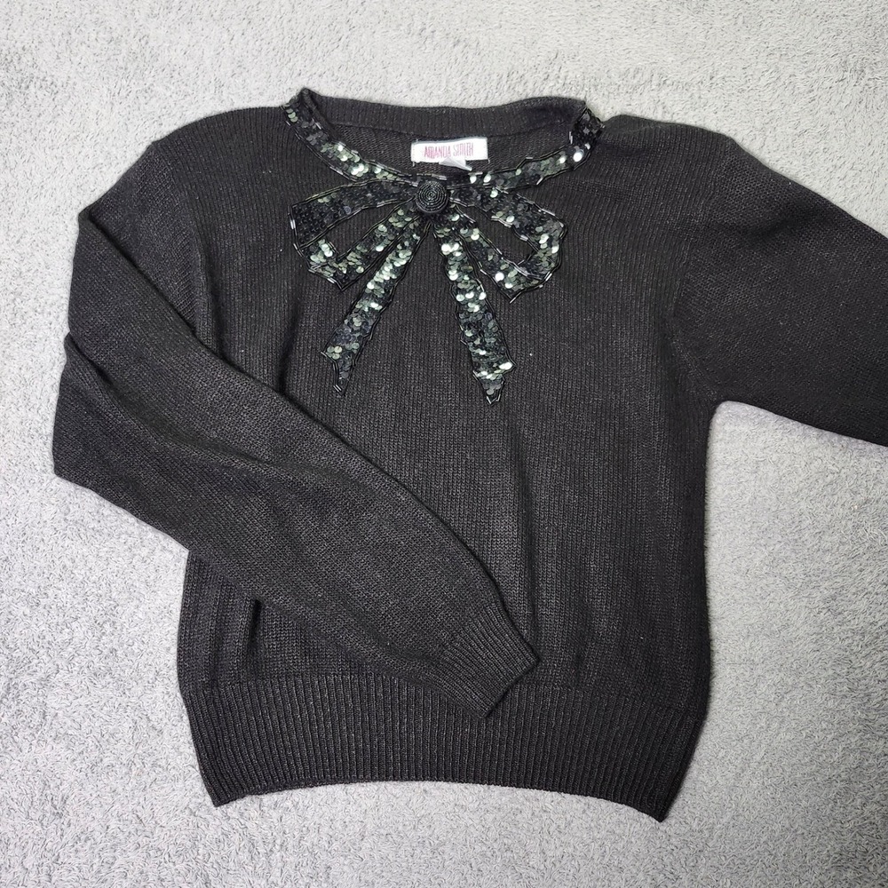 Amanda Smith Womens M Sweater Black Silk Angora Blend Sequin Bow Beaded Vintage